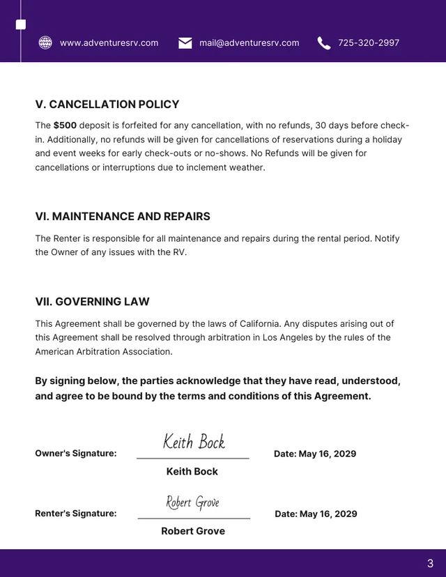 RV Rental Contract Template - Page 3
