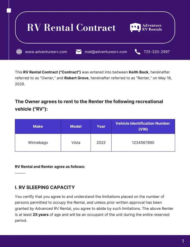 RV Rental Contract Template - Page 1