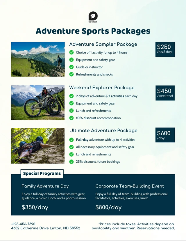 Plantilla de precios para Deportes de Aventura al Aire Libre