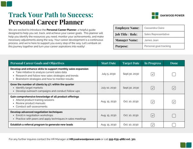 Personal Career Planner for Goal Tracking Template