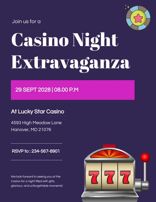 Marineblaue und lila illustrierte minimalistische Casino-Einladungsvorlage