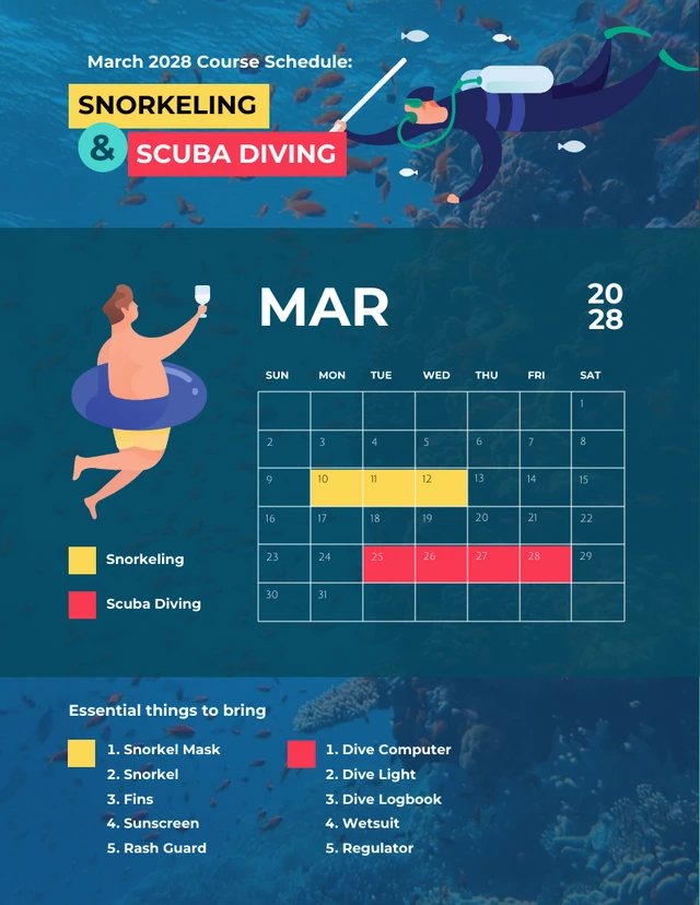 Simple Teal Blue Snorkeling and Scuba Diving Monthly Schedule Template