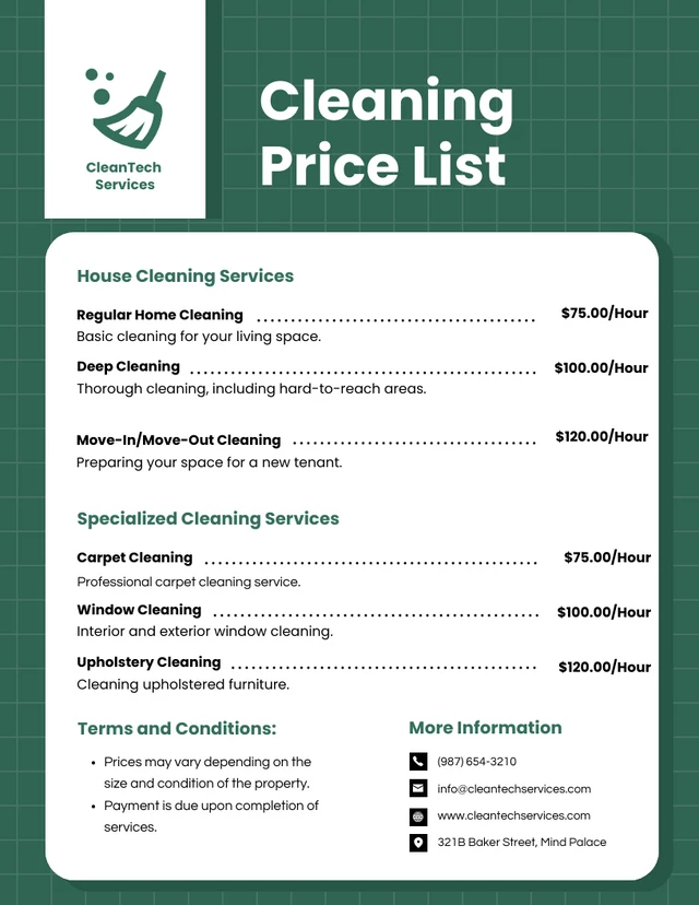 Green and White Modern Pattern Cleaning Price Lists Template