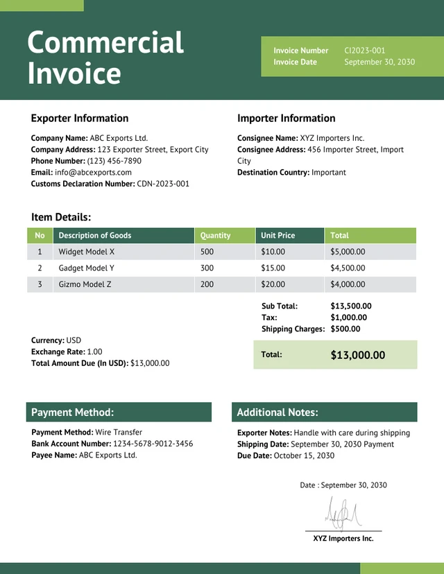 Clean Minimalist Green Commercial Invoice Template