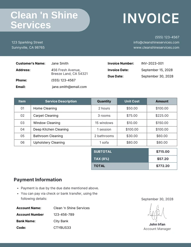 Clean Minimalist Dark Blue Cleaning Invoice Template