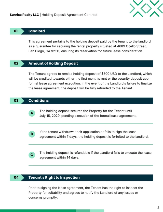 Holding Deposit Agreement Contract Template - صفحة 2