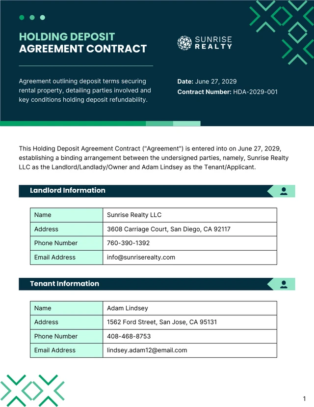 Holding Deposit Agreement Contract Template - صفحة 1