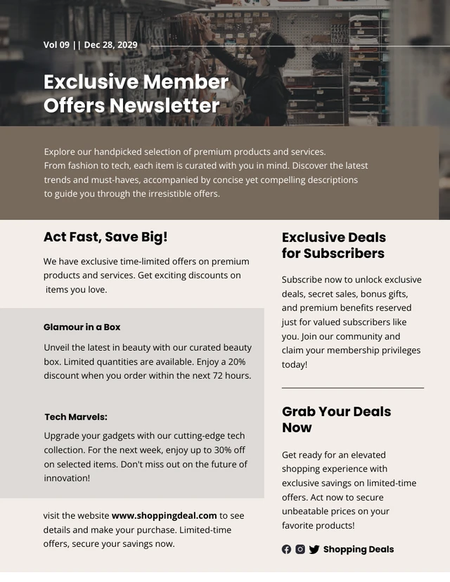 Brown and Cream Simple Exclusive Member Offers Newsletter Template