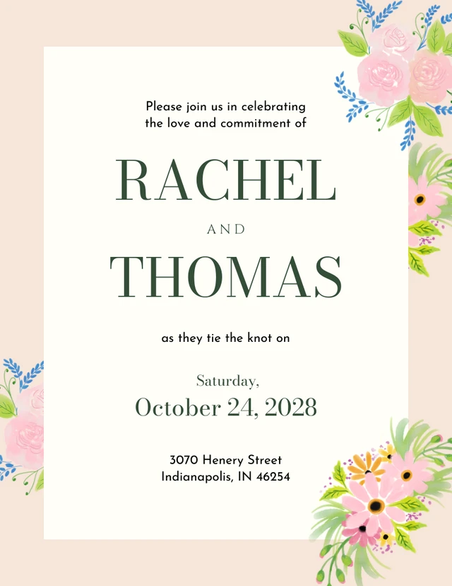 Modèle de carte de réception de mariage avec fleurs pêche et crème