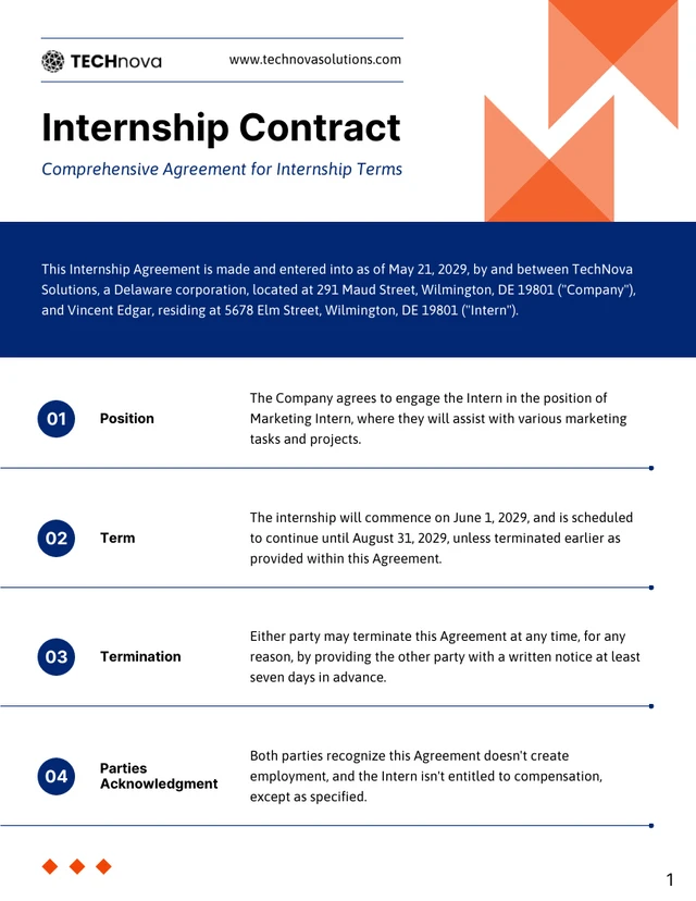 Ejemplo de plantilla de contrato para un internship o para que comience a aprender.