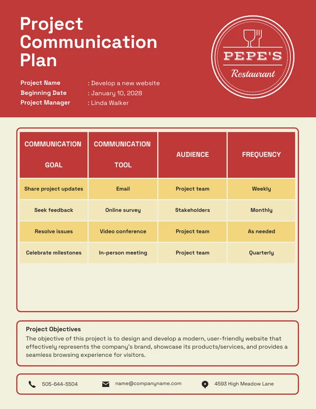 Red and Yellow Restaurant Project Communication Plan Template