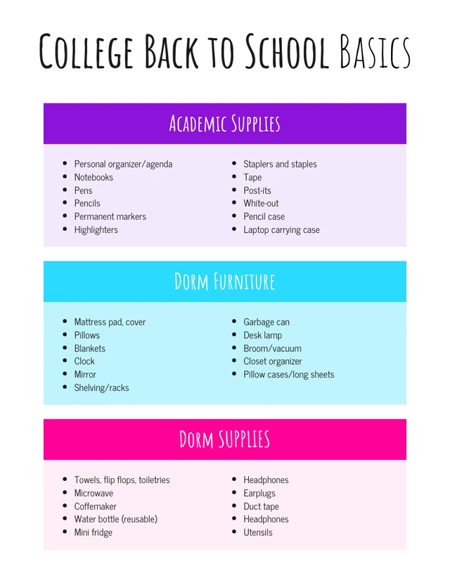 Simple School Shopping List