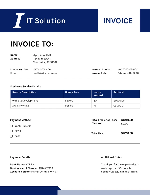 Minimalist Clean White and Blue IT Solution Freelance Invoice Template