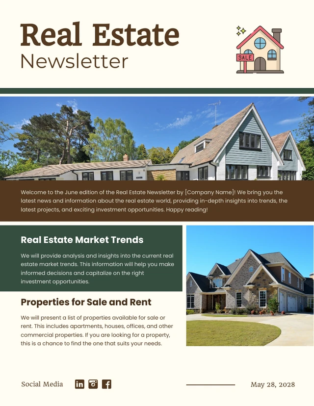 Green & Brown Minimalist Modern Design Real Estate Newsletter Template