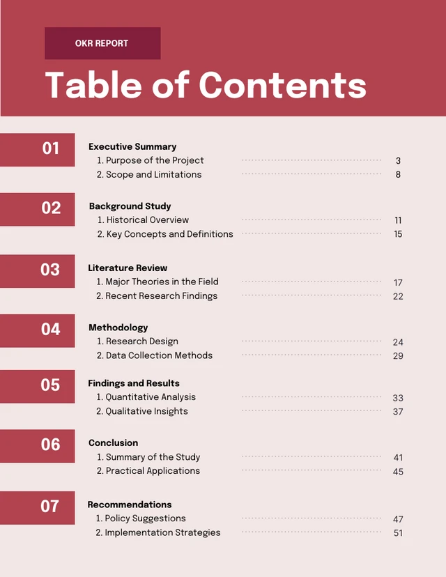 Modèle de table des matières du rapport OKR beige et marron