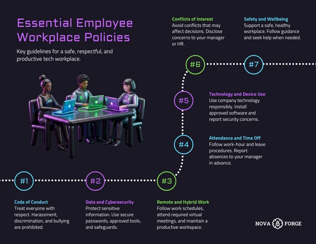 Infografica sulle politiche aziendali per i dipendenti essenziali Template Modello di infografica sulle politiche aziendali per i dipendenti essenziali