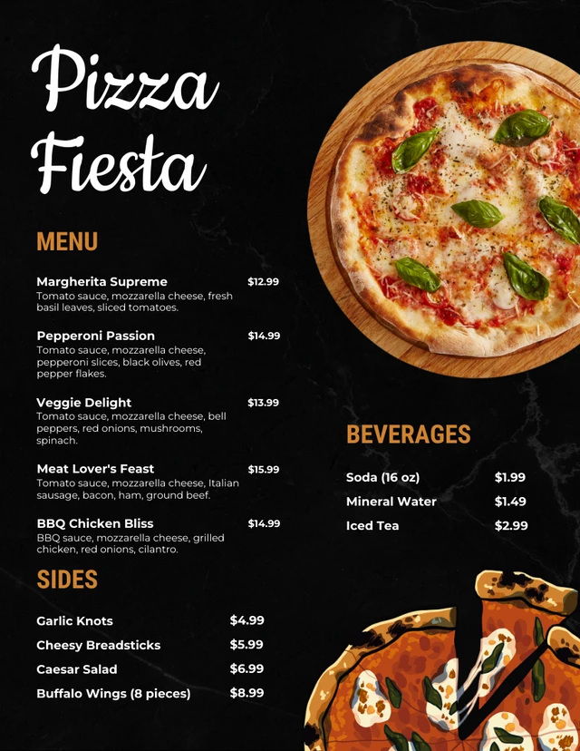 Modèle de menu de pizza moderne noir