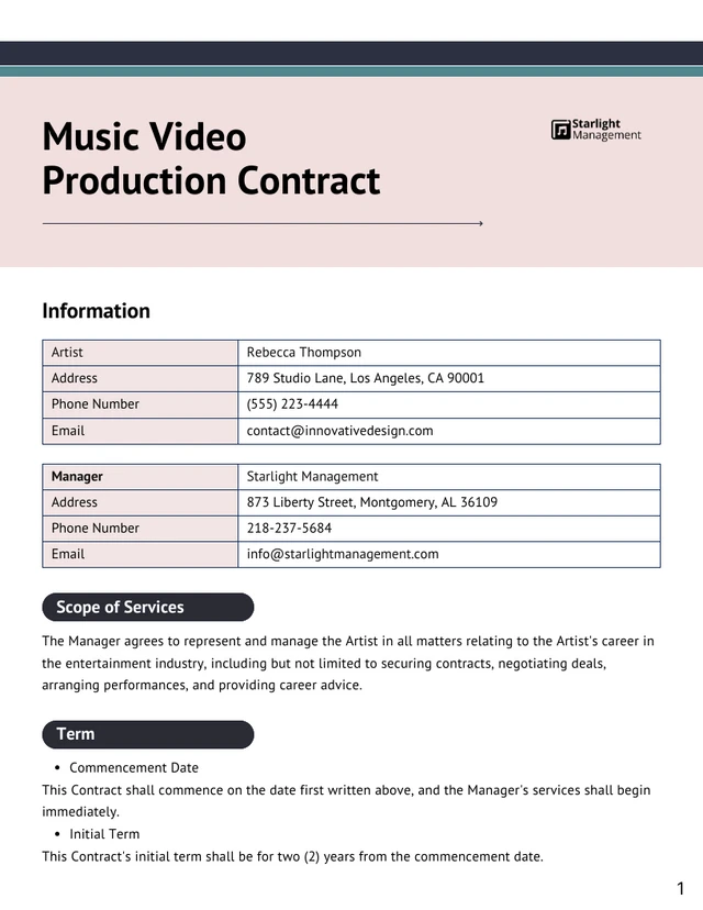 Music Video Production Contract Template - Seite 1