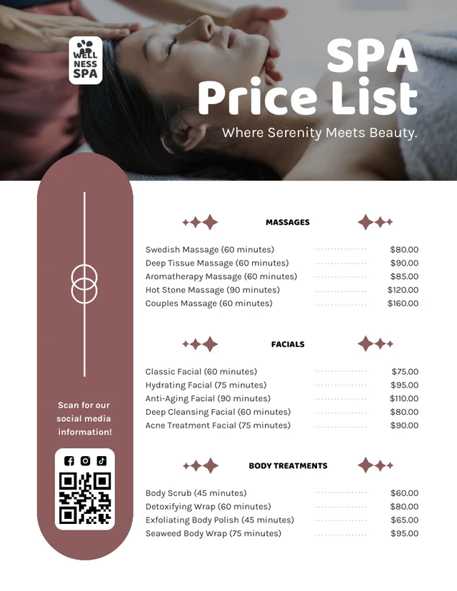 Plantilla de listas de precios de SPA simples en rojo y blanco