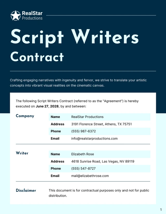 Script Writers Contract Template - Pagina 1