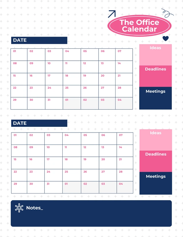 Dark Blue and Pink Office Calendar Template