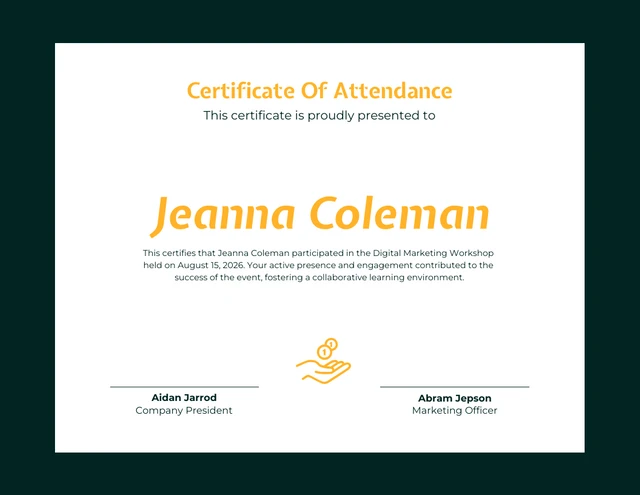 Dark Green Simple Attendance Certificate Template