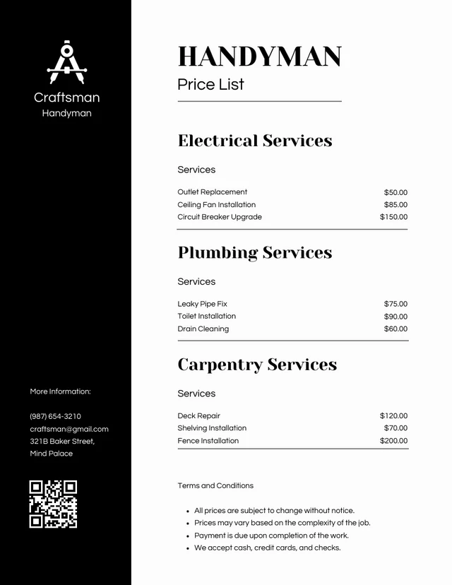 Black and White Handyman Price Lists Template