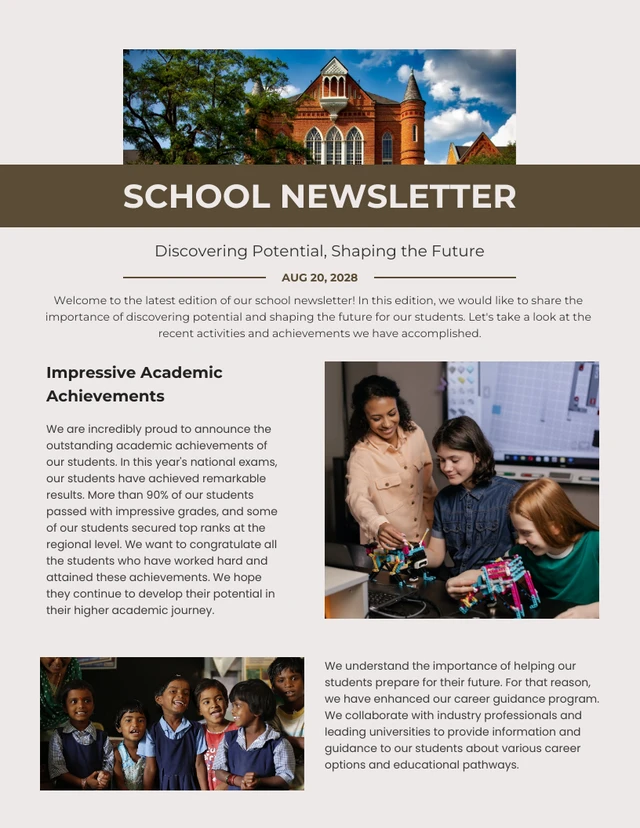 Brown & Cream School Newsletter Discovering Potential Template