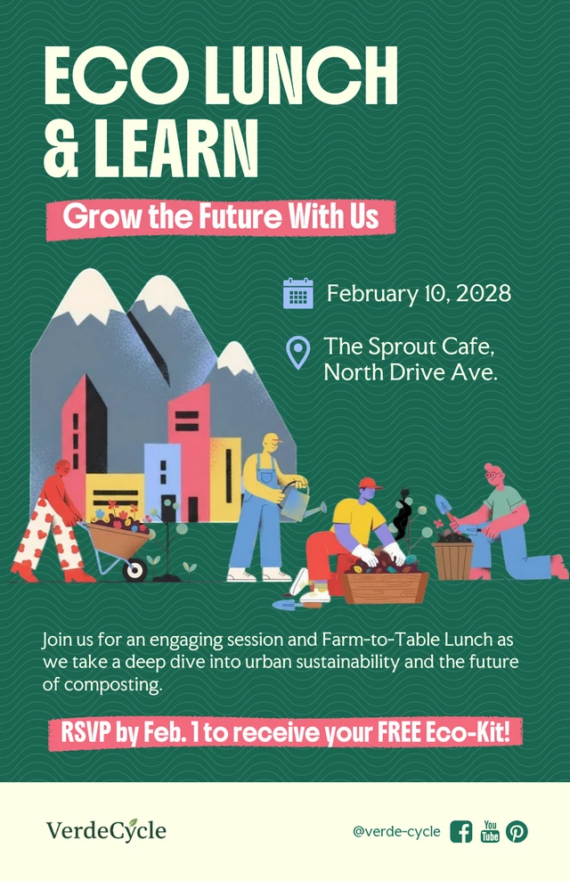 Plakat zur Veranstaltung „Öko-Mittagessen und Lernen“ Template Plakatvorlage für eine Öko-Mittagspause mit Lernprogramm