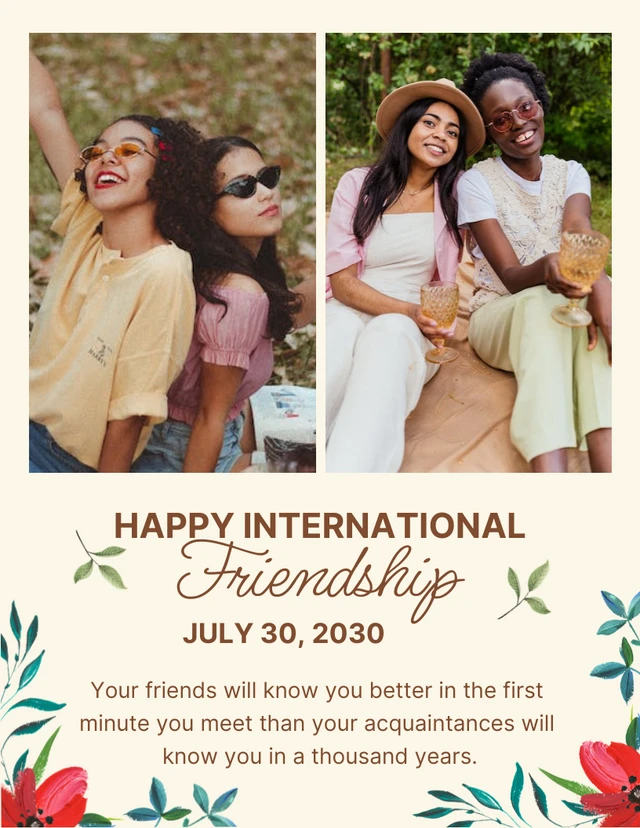Beige klassische florale Happy International Friendship Poster-Vorlage