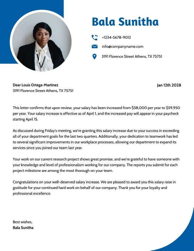 Blue Minimalist Professional Salary Increase Letter Template