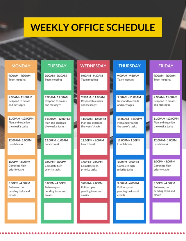 Modèle simple d'emploi du temps hebdomadaire au bureau