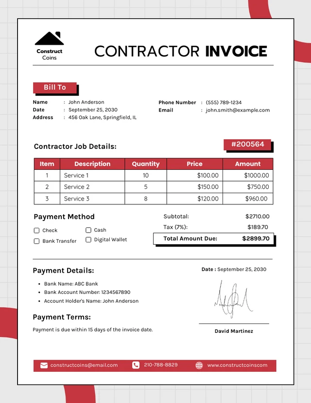 Red and White Contractor Invoice Template