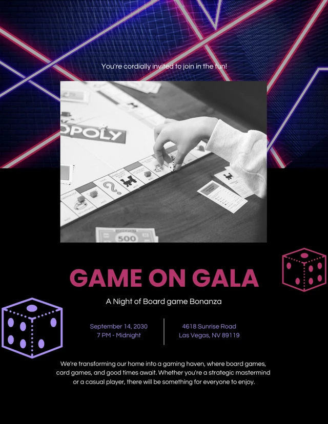 Black Purple and Pink Game Night Invitation Letter Template