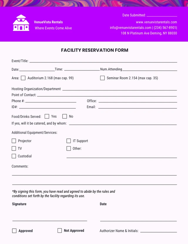 Purple Simple Reservation Form Template