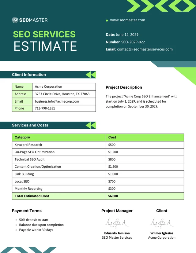 Plantilla de Estimación de Servicios SEO