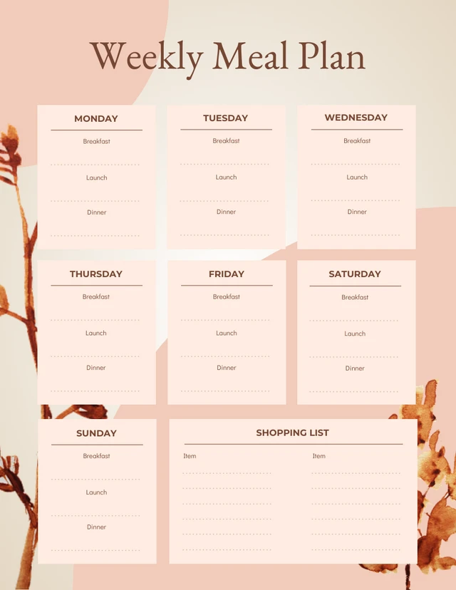 Peach Weekly Meal Plan Schedule Template