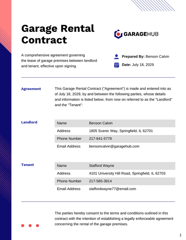 Garage Rental Contract Template - Page 1