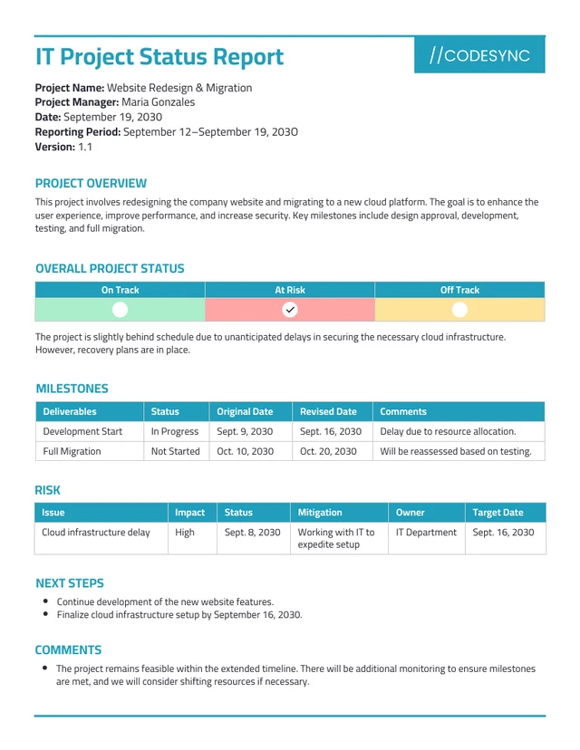 Plantilla de informe de estado de proyecto de TI