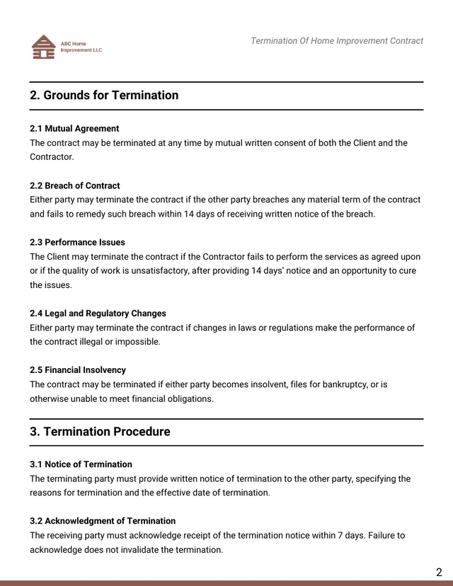 Termination Of Home Improvement Contract Template - page 2