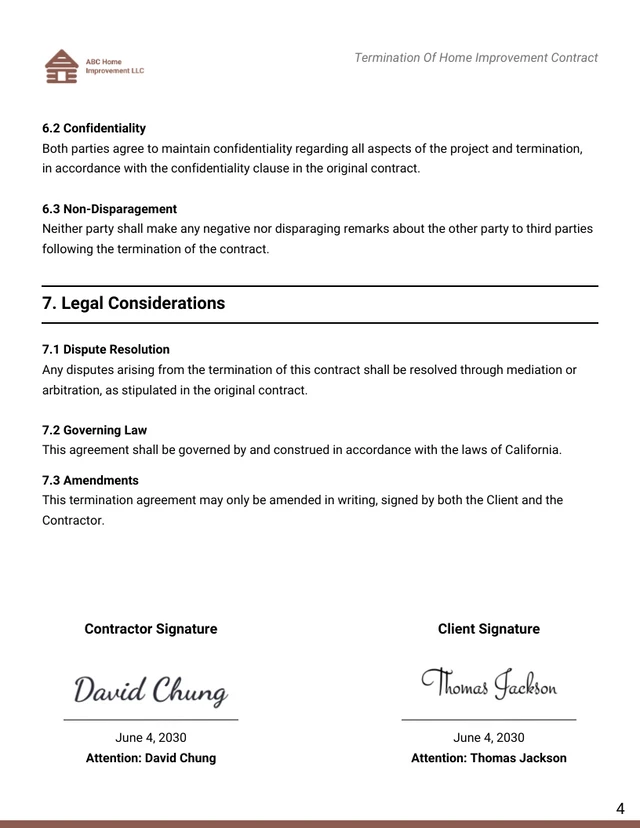 Termination Of Home Improvement Contract Template - page 4