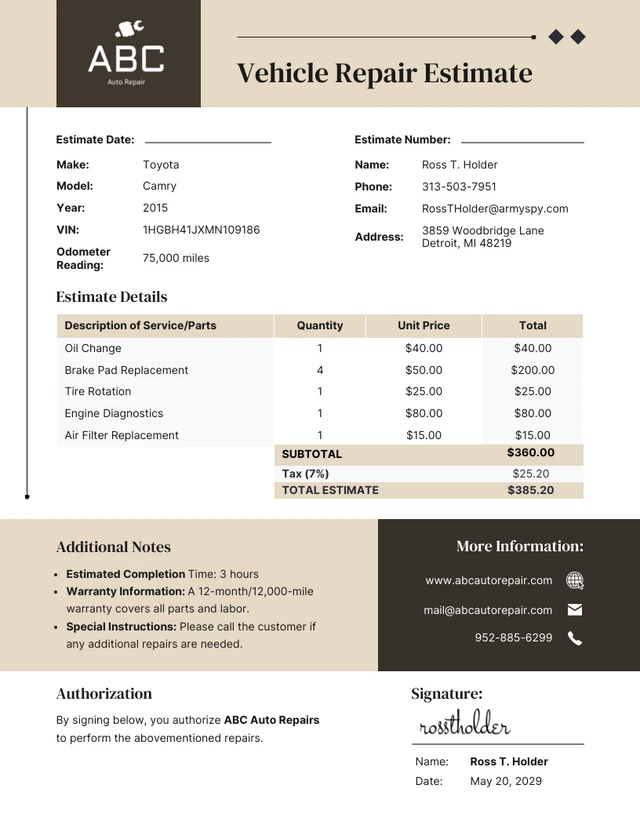 Vehicle Repair Estimate Template