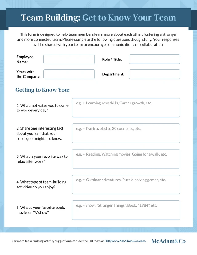 Team Building Get to Know Your Team HR Forms Template