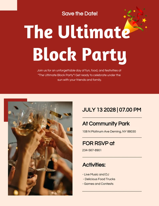 Red Simple Celebration Block Party Invitation Template