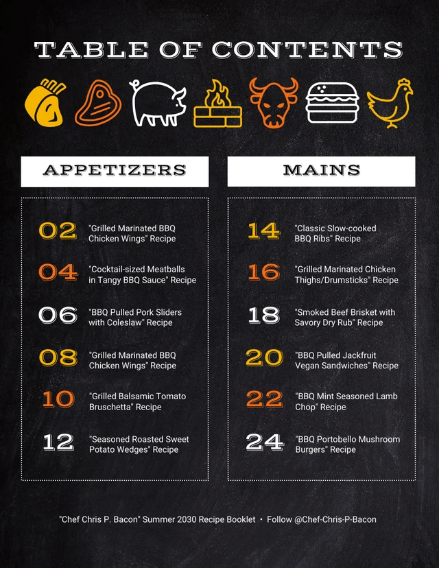 Modèle de table des matières de livre de recettes de barbecue sombre