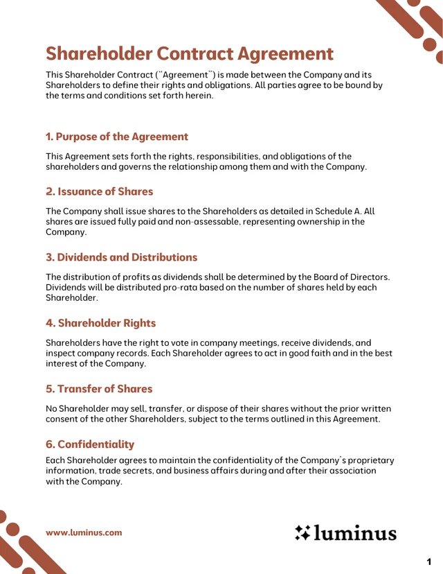 Shareholder Contract Template - page 1
