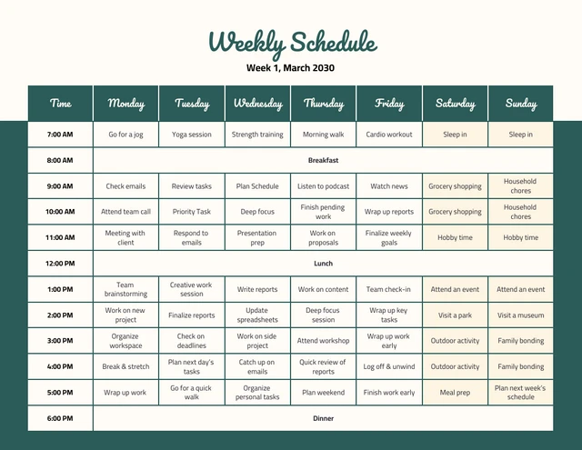 Free Schedule Time Table Template