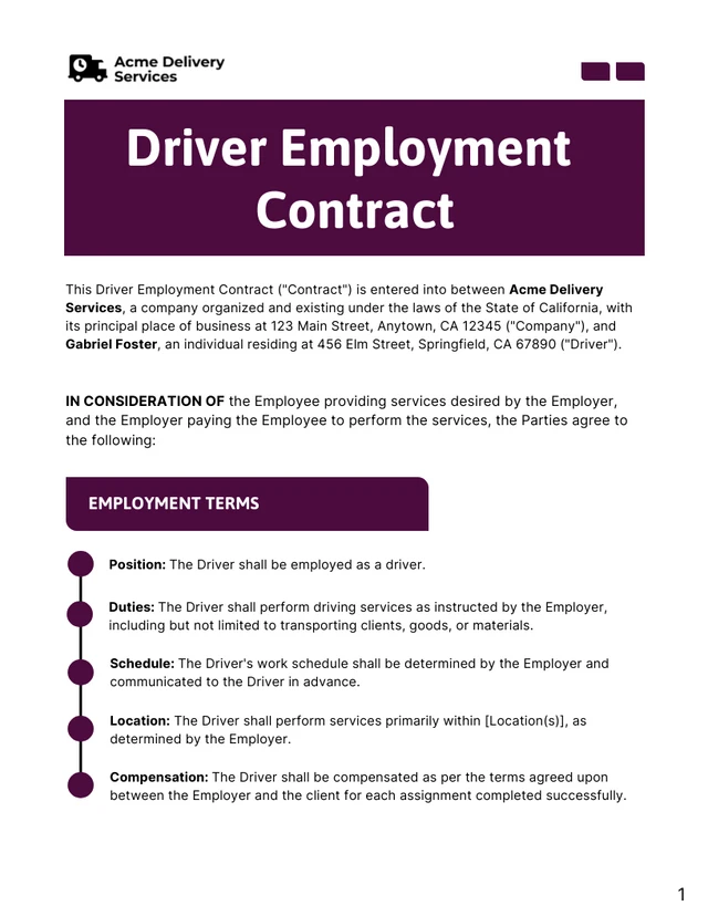 Driver Employment Contract Template - Página 1