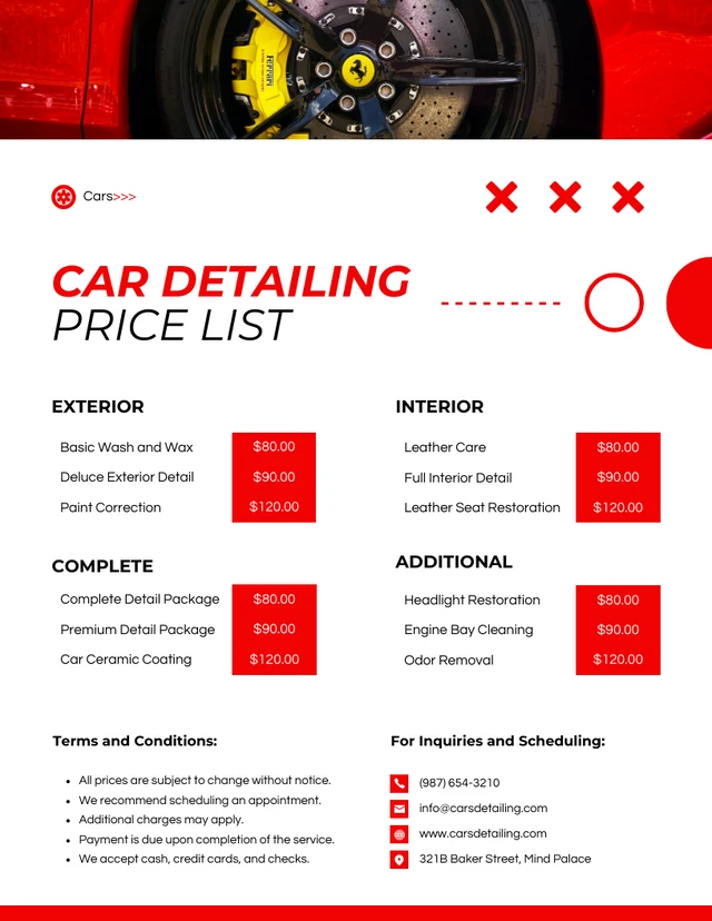 Clean Modern White and Red Car Detailing Price Lists Template