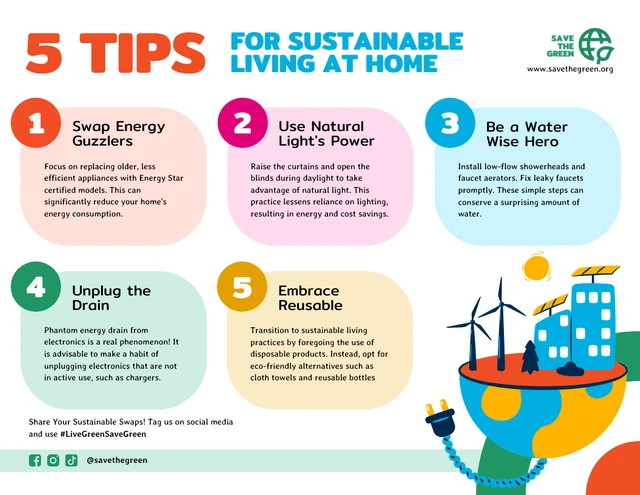 5 Tips for Sustainable Living at Home: Cartoon Infographic Template